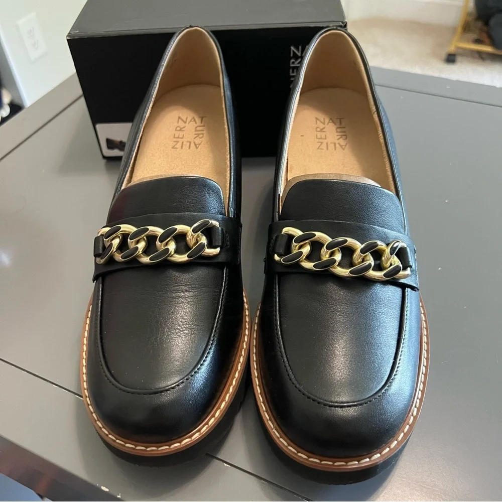 Naturalizer Black Leather Desi Slide on Loafers with Gold Chain Accent